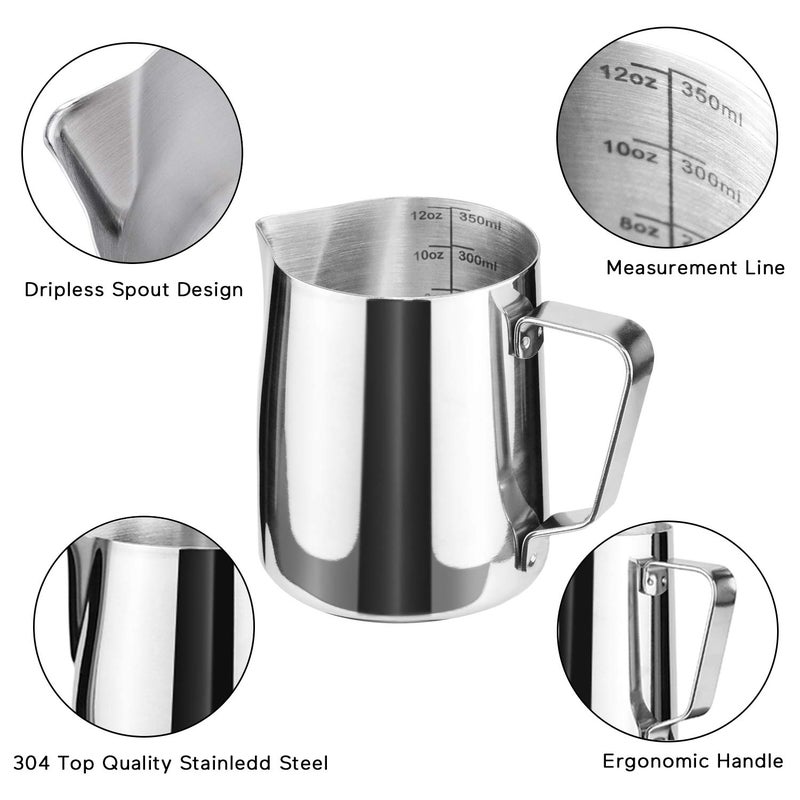 HOFASON 12oz Milk Frothing Pitcher, Stainless Steel Espresso Latte Cup Steaming Pitcher Creamer Cups, Milk Frother Cup Espresso Machine Accessories Barista Tools Jug for Coffee Cappuccino with Latte Art Pen - Image 3
